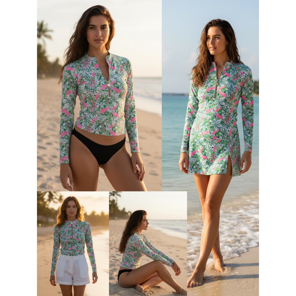 NWT LILLY PULITZER NAYTE RASHGUARD TOP NEON PINK BOTANICAL GREEN JUST WING IT